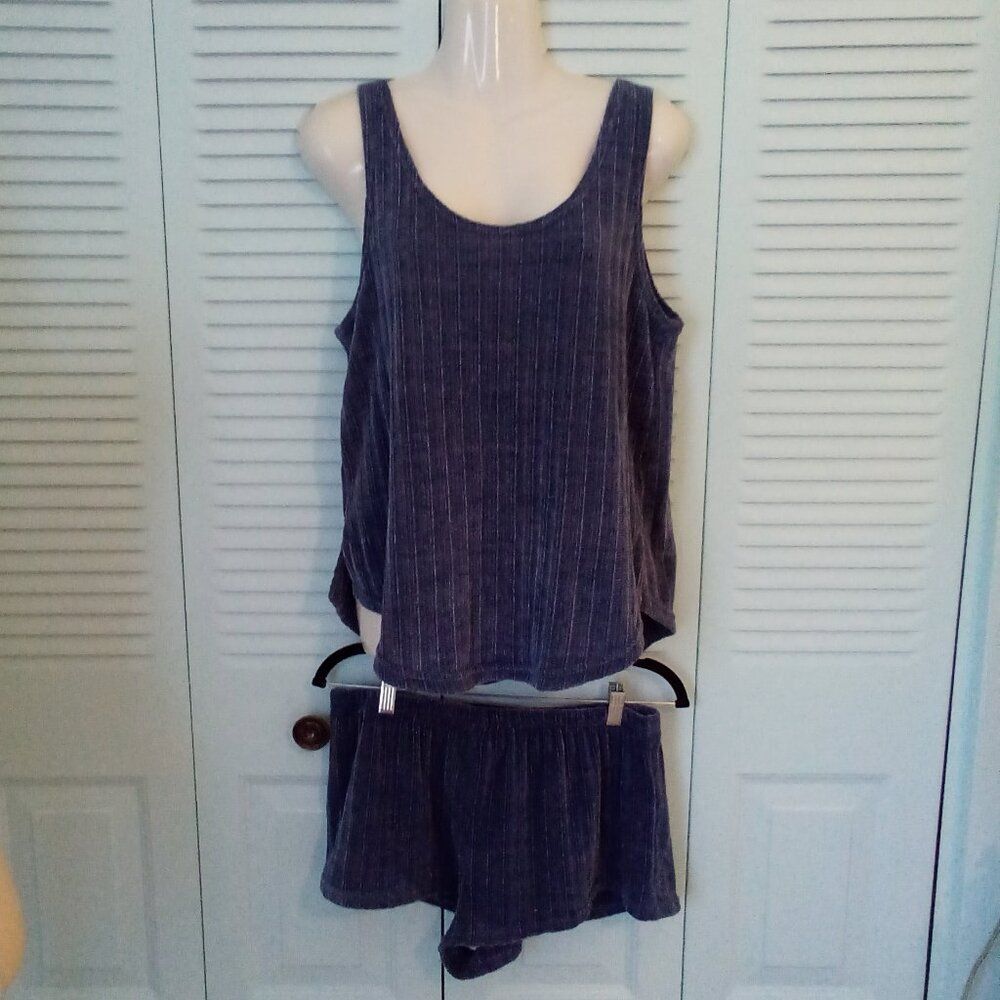 LAUNDRY BY SHELLI SEGAL BLUE KNIT TANK N SHORTS 2-PIECE PAJAMA SET RIBBED LARGE